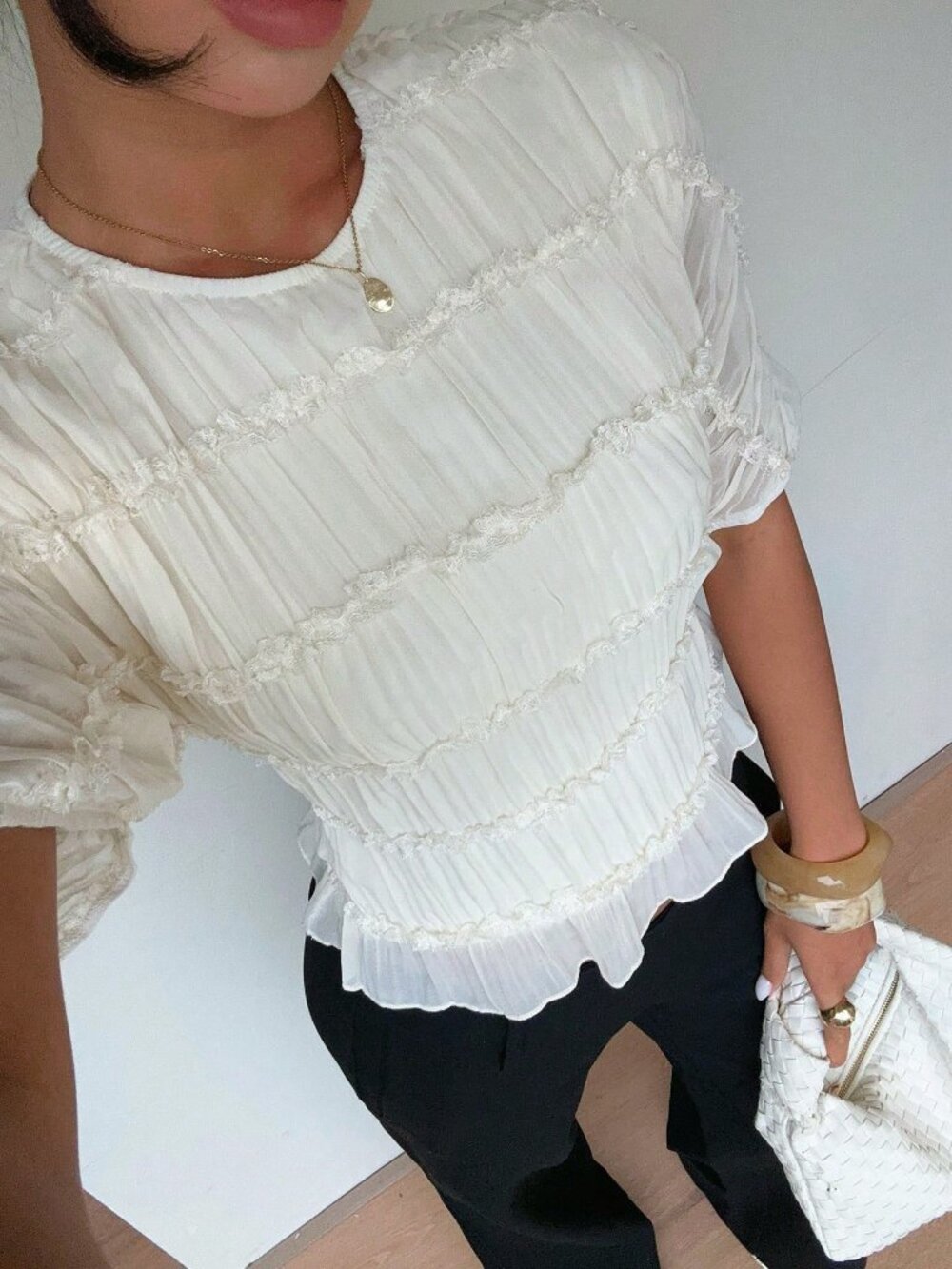 Apricot Elegant Women's Lace Ruffle Crew Neck Blouse - Picture 3 of 8
